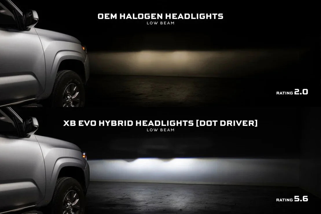 Comparison of OEM halogen headlights vs XB Evo Hybrid headlights low beam on Toyota Tacoma