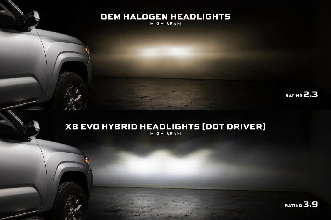 Comparison of OEM halogen vs XB Evo hybrid headlights high beam output for Toyota Tacoma