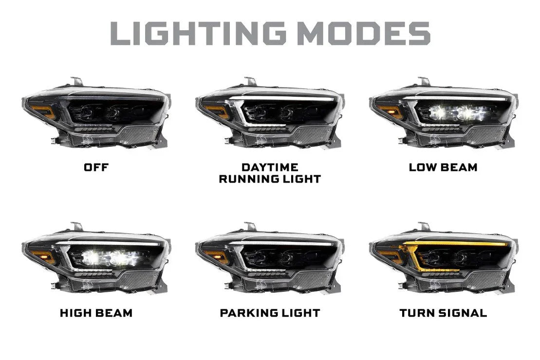 Toyota Tacoma XB Evo Hybrid headlights showing six lighting modes: off, DRL, low beam, high beam, parking light, turn signal.