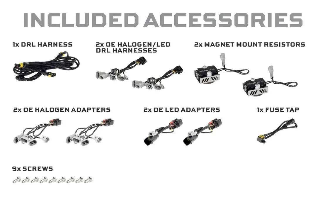 Accessories kit for Tacoma headlights with harnesses, adapters, resistors, fuse tap, and screws.