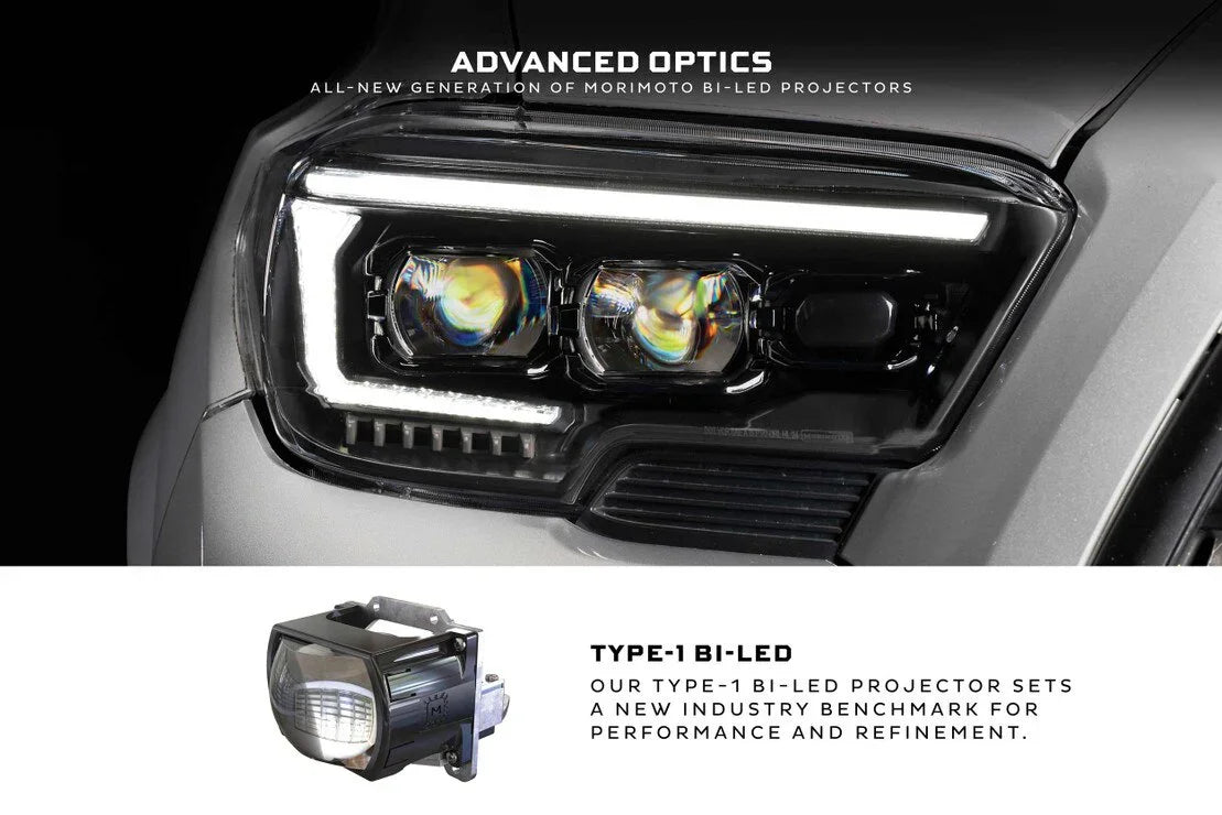 Close-up of Toyota Tacoma XB Evo Hybrid LED headlights with projector beam technology