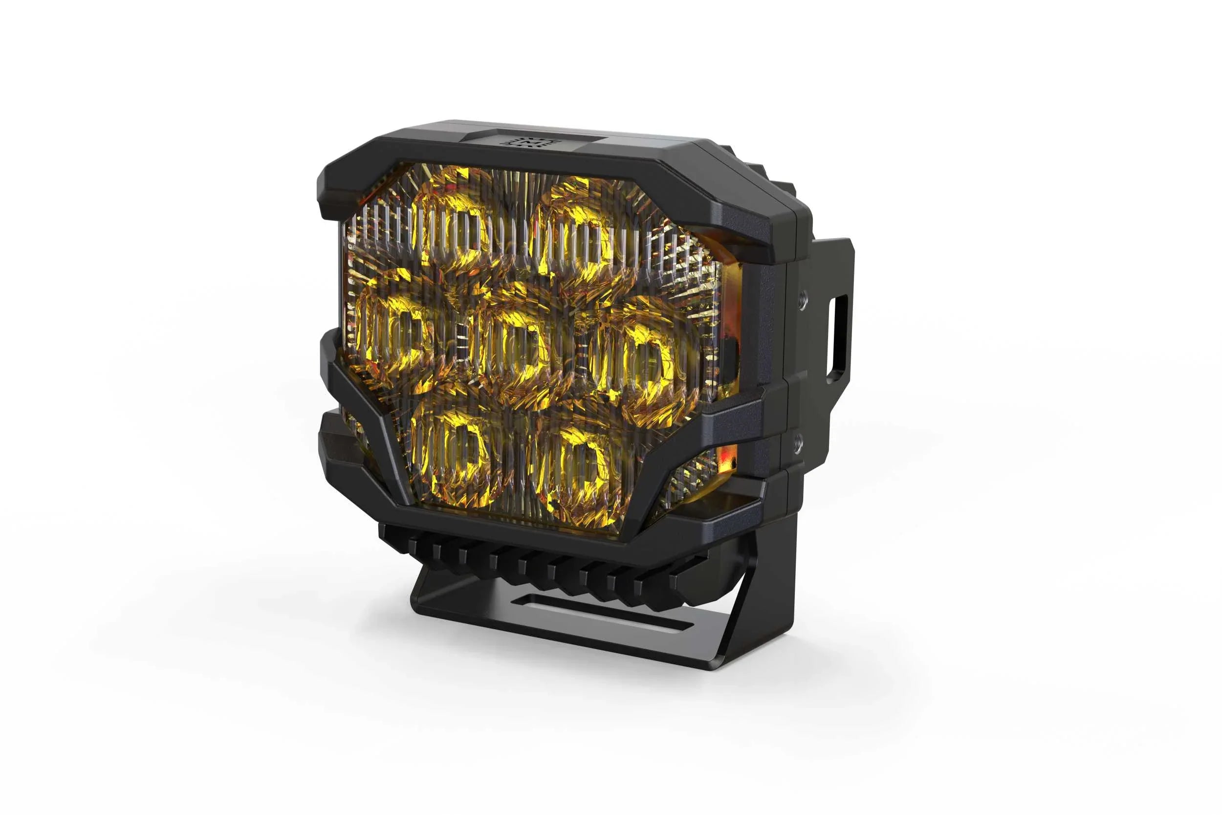 Yellow LED off-road pod light with black housing for trucks and SUVs