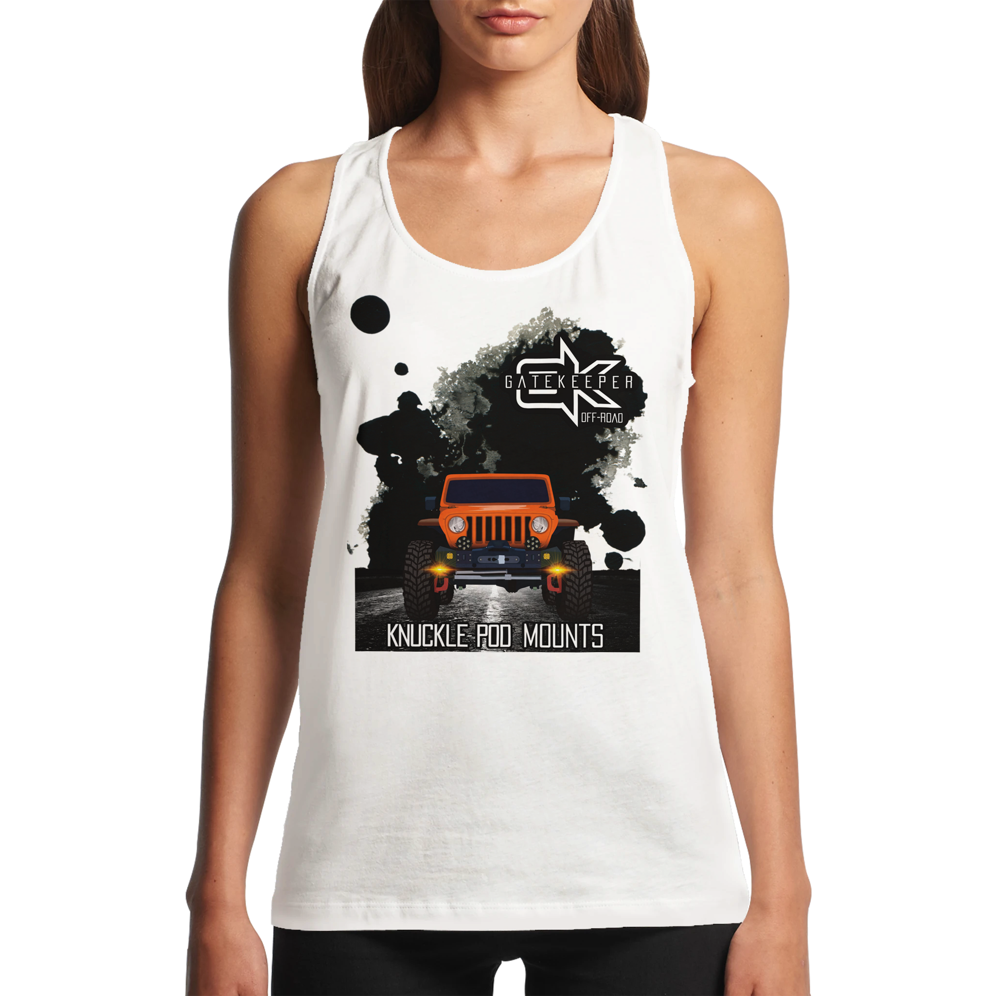 Woman wearing white tank top with orange off-road vehicle graphic and 'Knuckle Pod Mounts' text