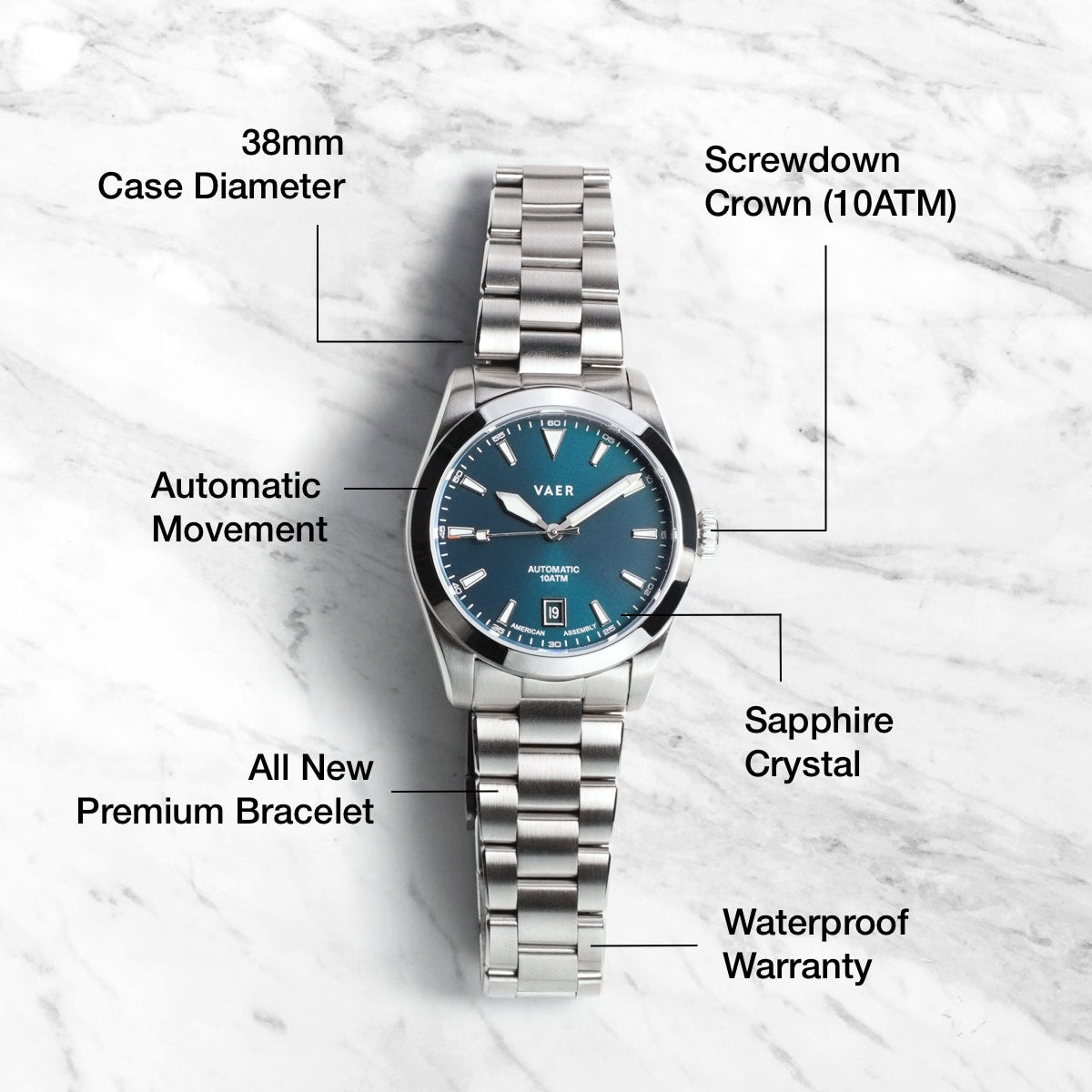 VAER A5 Atlas Green Auto Mens Watch - 38mm USA