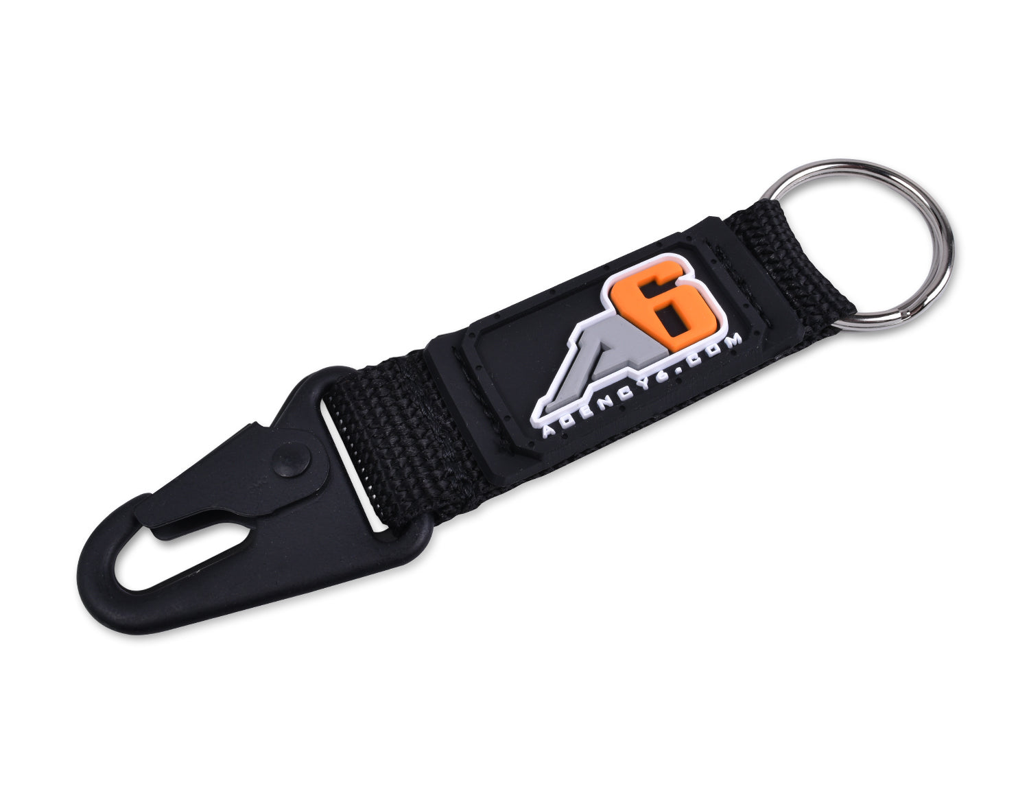 Black nylon keychain with metal ring and clip, embroidered A6AGENCY.COM patch