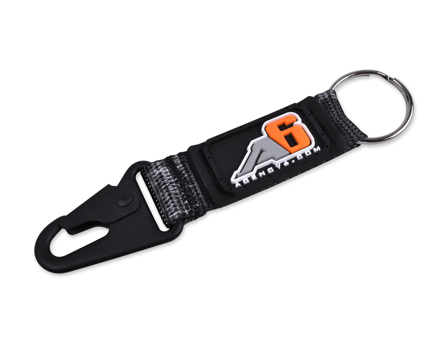 Durable black and gray keychain for overlanding gear with metal ring and carabiner clip