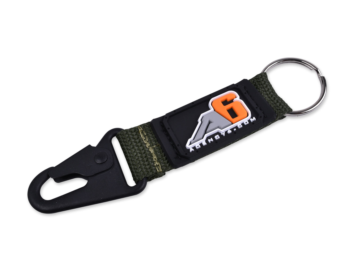 Olive green tactical keychain with black metal clip and orange A6 logo patch