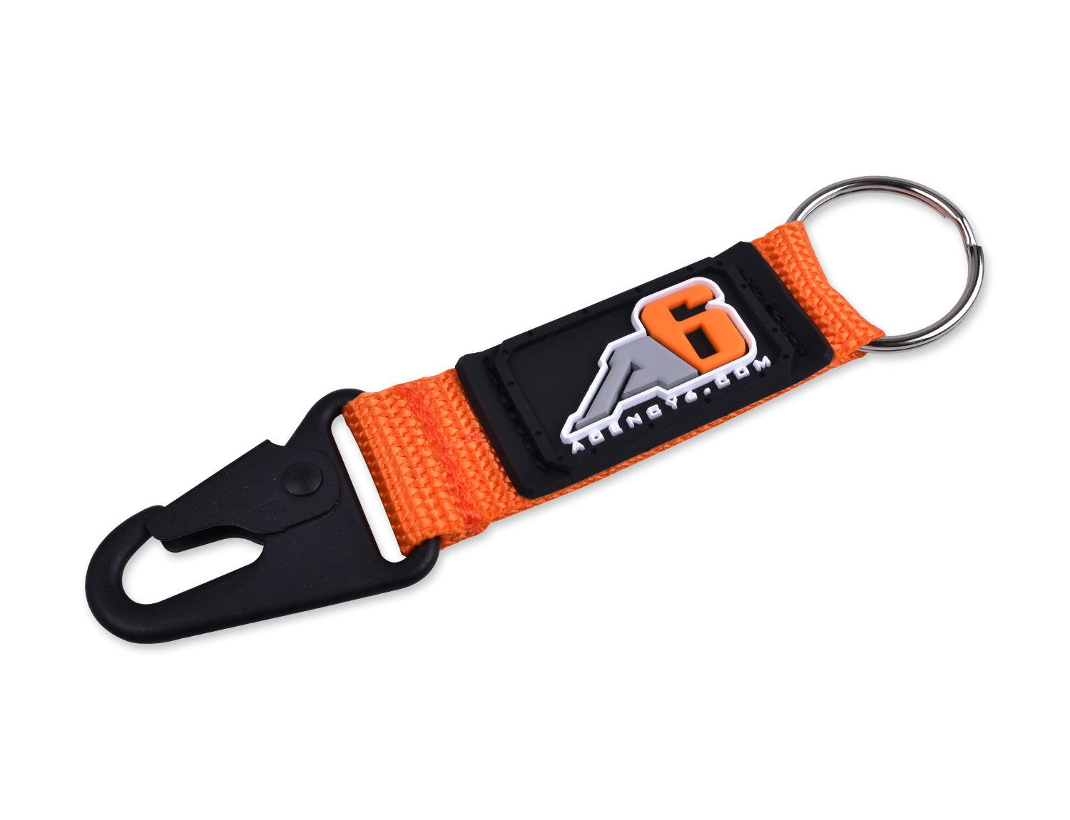 Orange nylon keychain with metal ring and black carabiner, A6 patch for overlanding gear