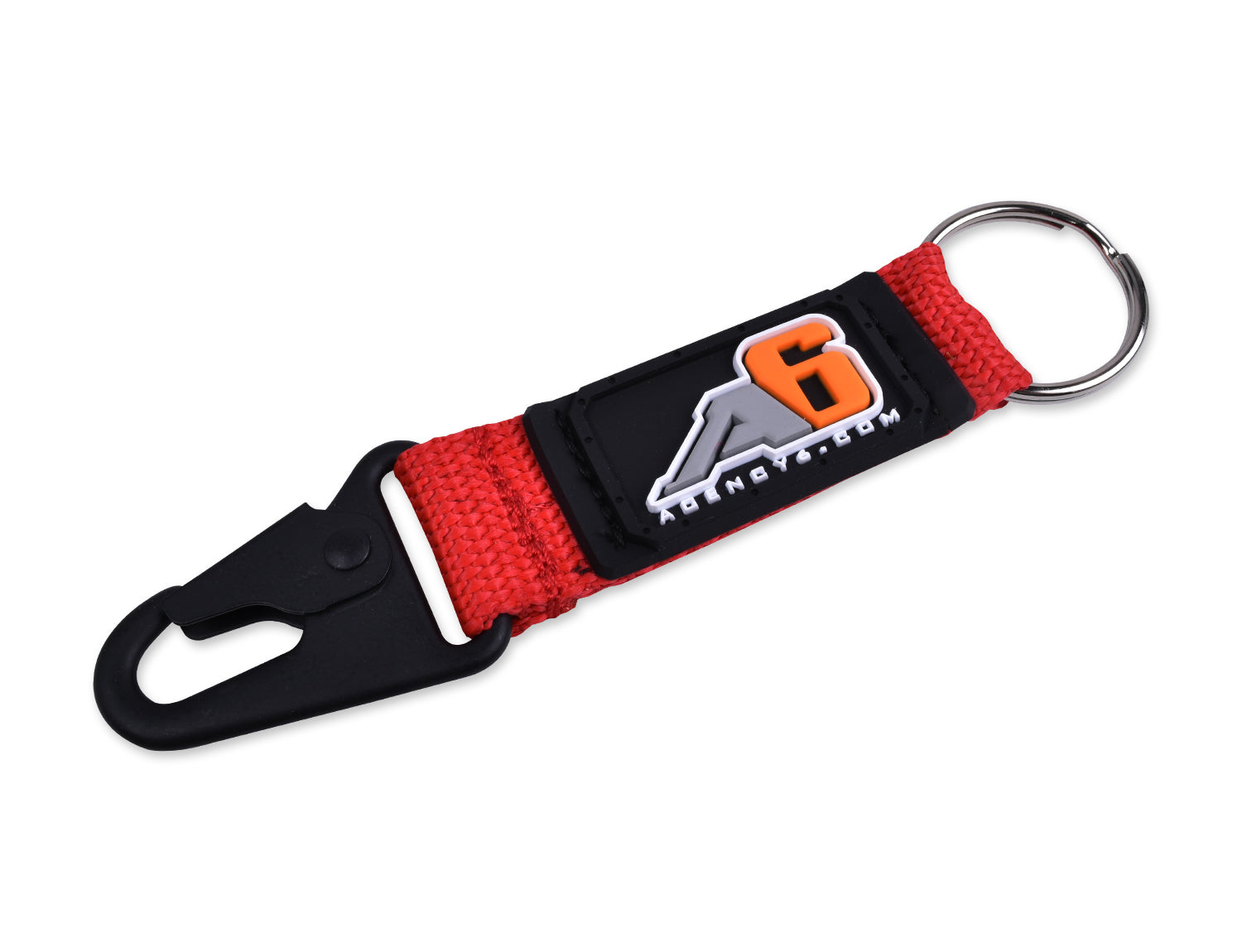 Red nylon keychain with metal ring and black carabiner, Agency 6 logo patch, overland gear
