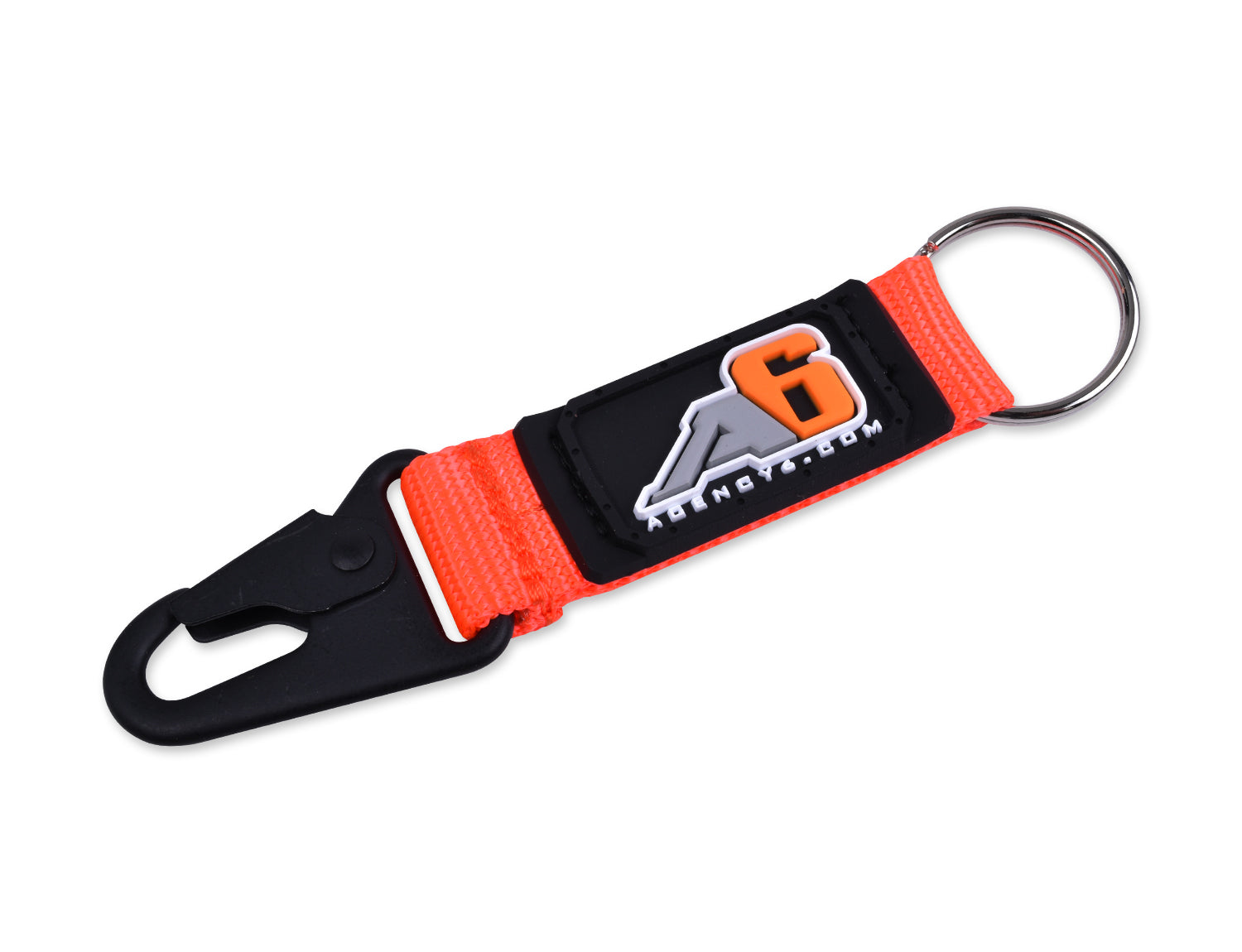 Orange nylon keychain with black carabiner and A6 patch for overlanding vehicle gear