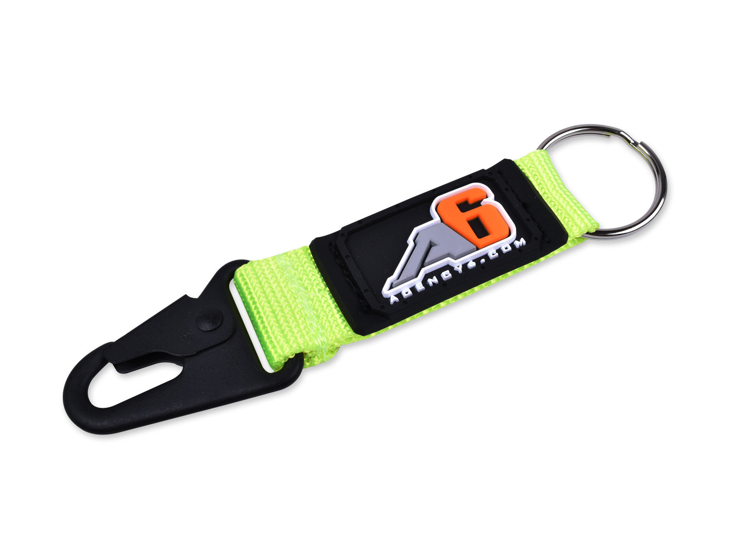Neon yellow overlanding keychain with black clip and A6 logo for adventure vehicles