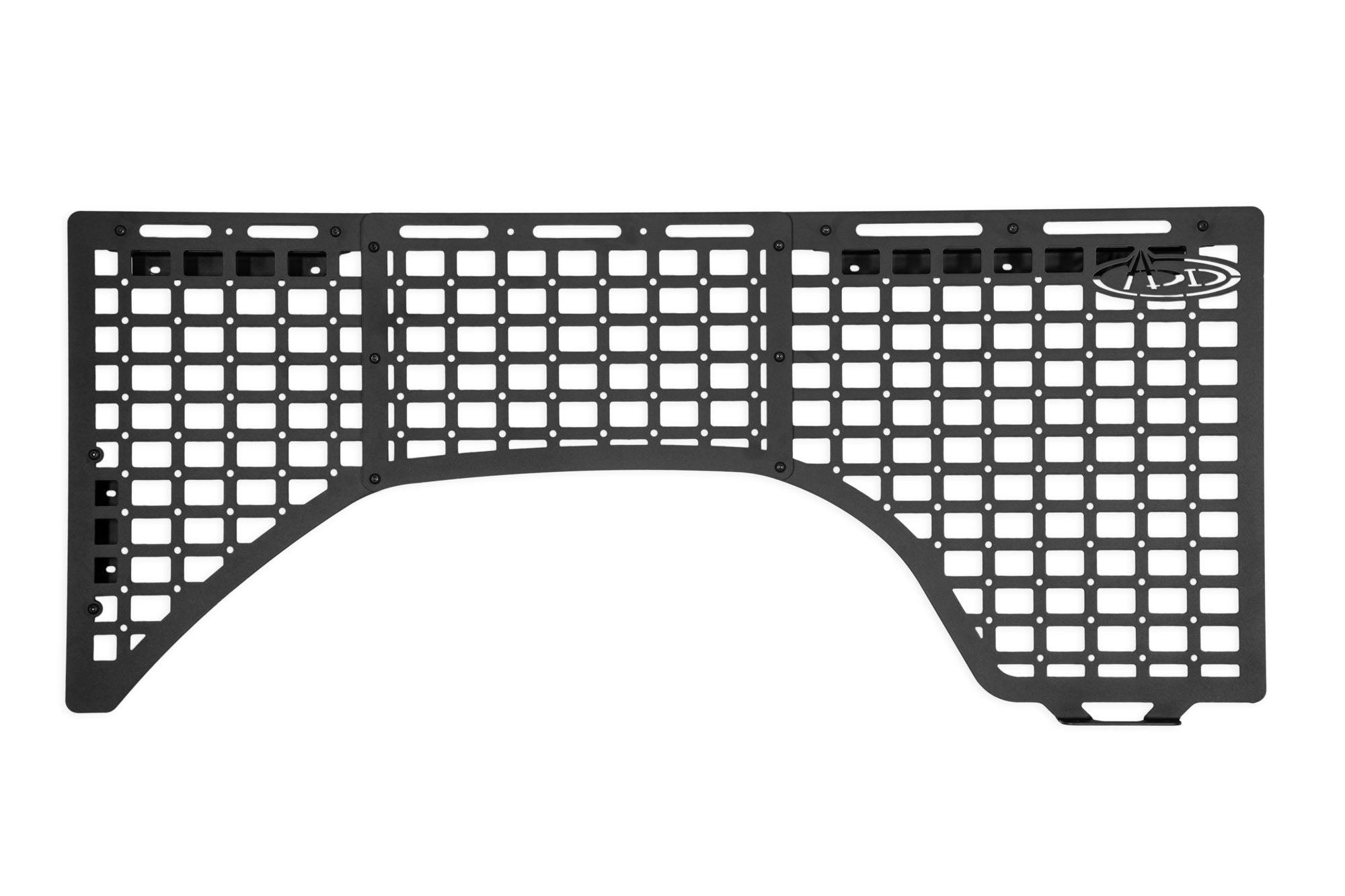 Black metal MOLLE panel storage rack for overlanding vehicle organization