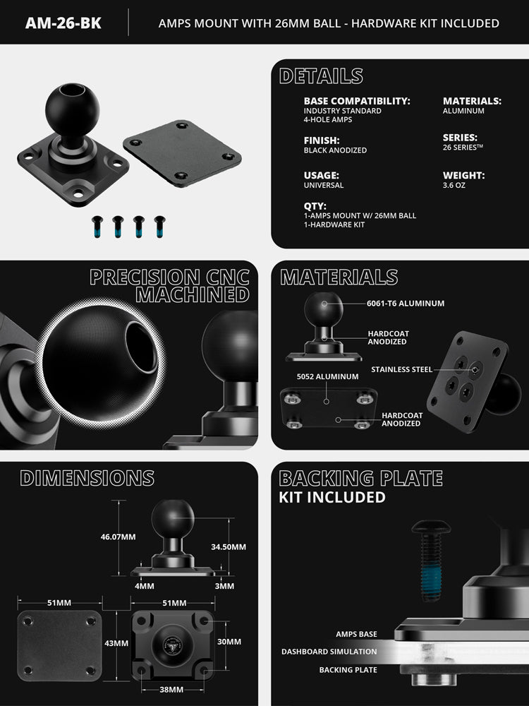 Tackform AMPS mount with 26mm metal ball and hardware kit, universal fit