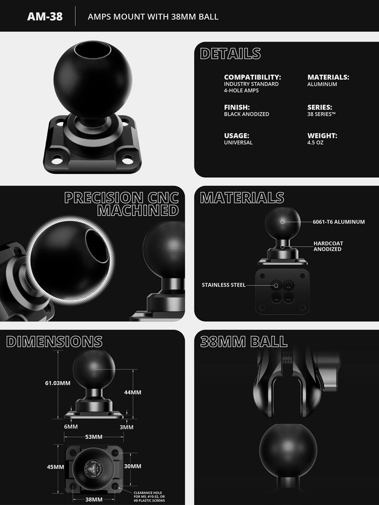 Tackform amps mount with 38mm metal ball for universal fit