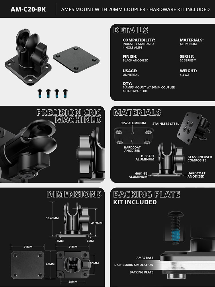 Tackform AMPS socket 20mm with hardware kit, universal fit