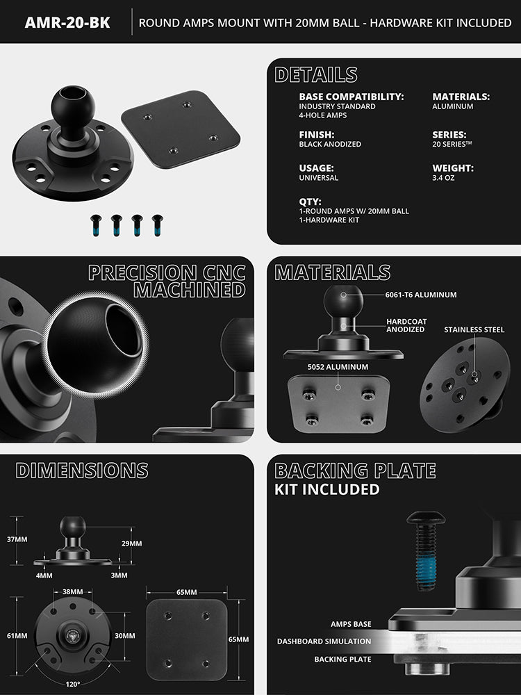 Tackform round amps mount with 20mm metal ball for universal fit