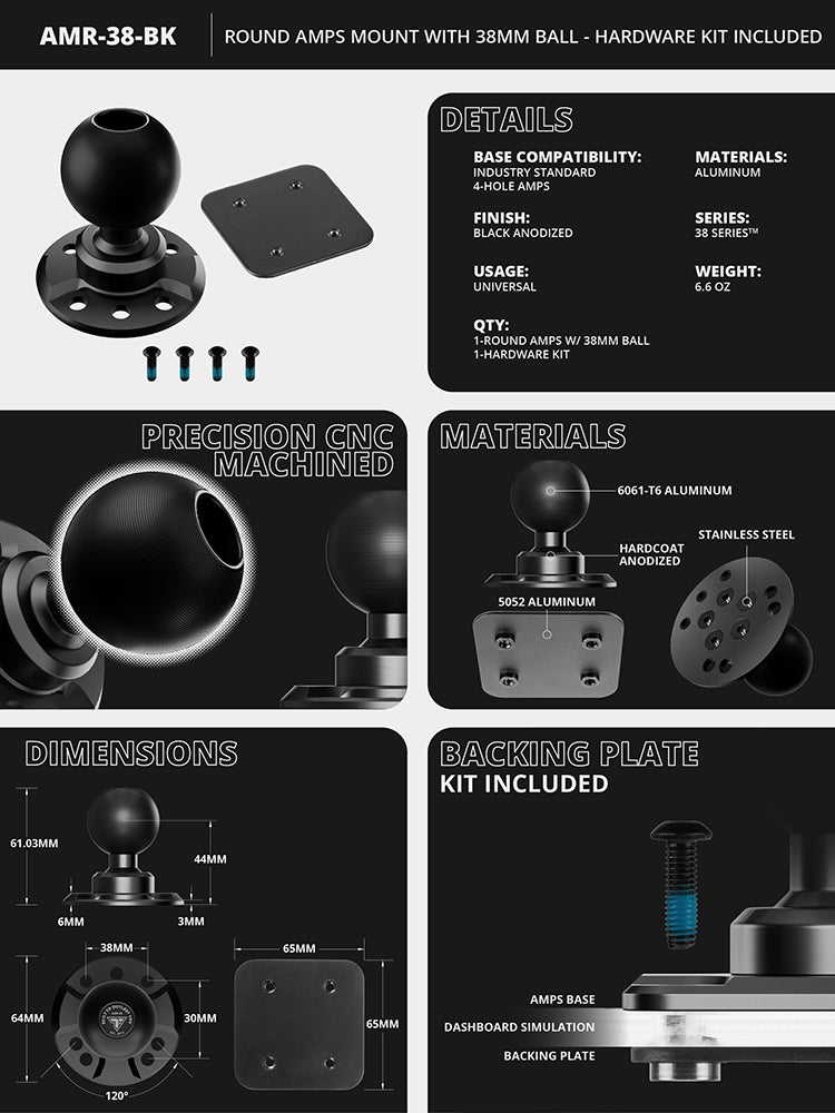 Tackform round amps mount with 38mm metal ball for universal fit