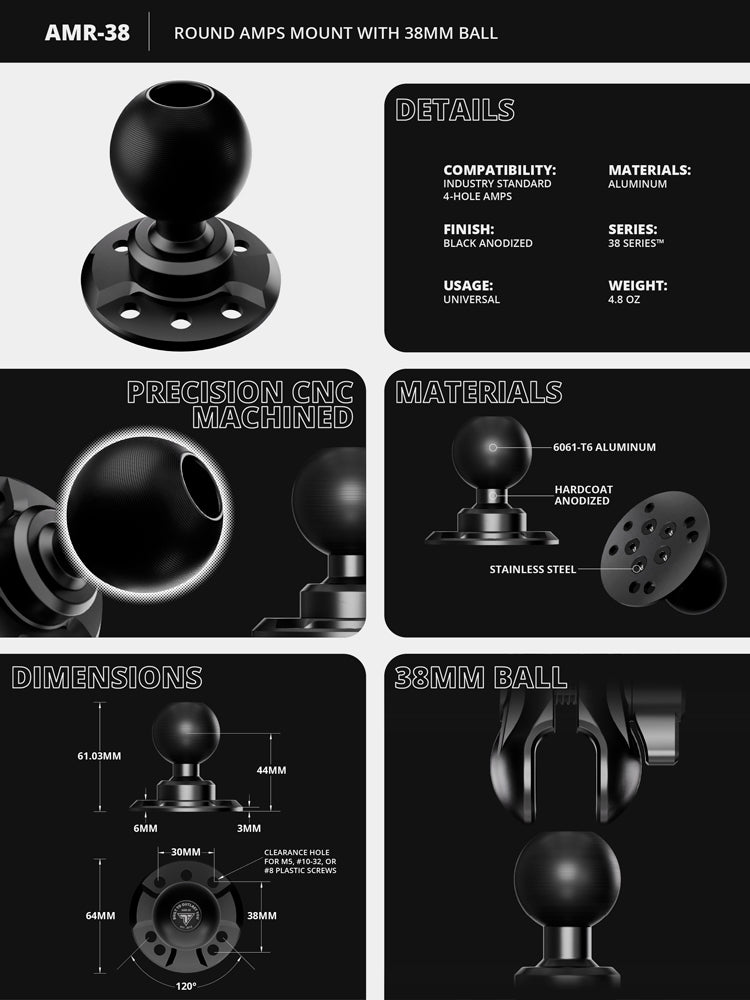 Tackform round amps mount with 38mm metal ball for universal fit