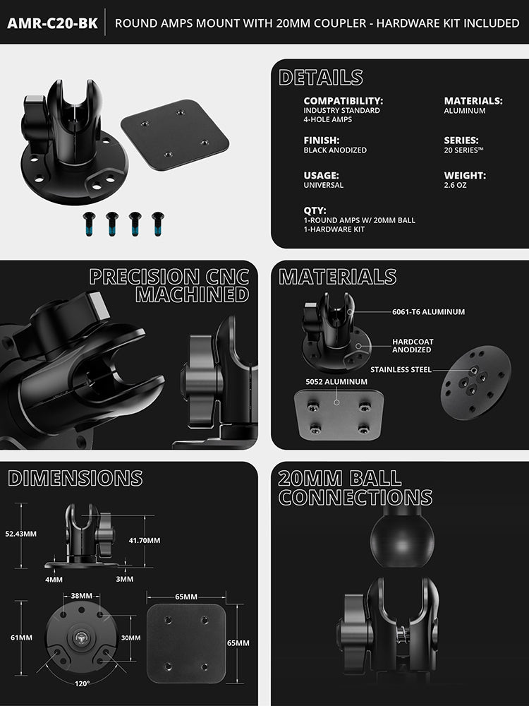 Tackform Round AMPS short reach adapter, 20mm socket, universal fit