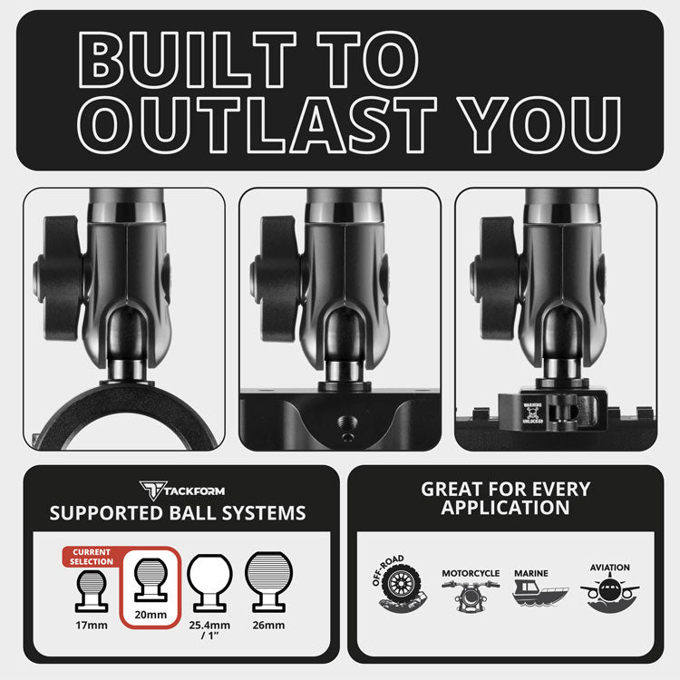 Tackform DuraLock 20 Series aluminum arm with dual 20mm sockets for universal fit
