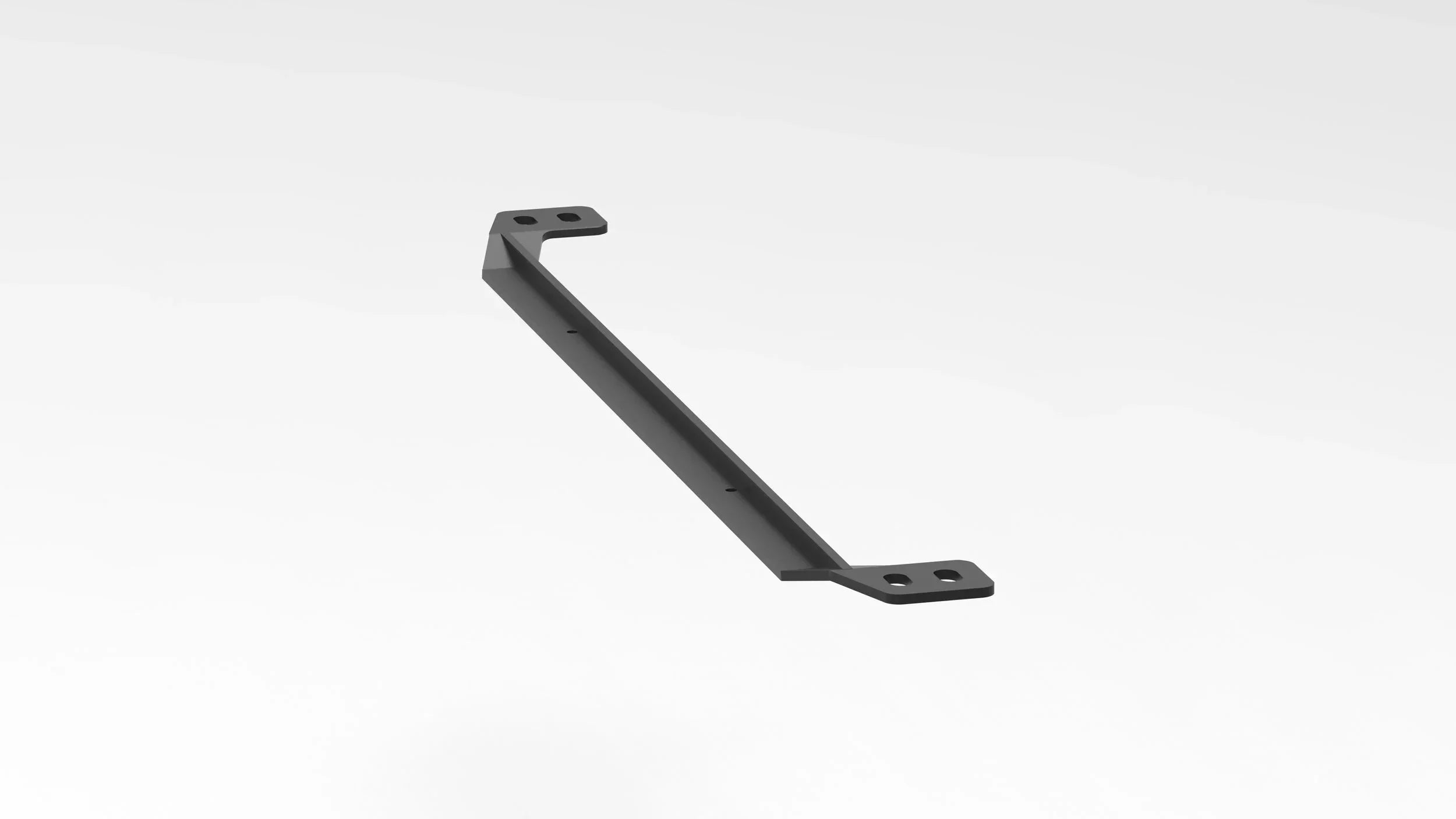 Black metal mounting bracket with angled ends and bolt holes for vehicle accessory installation
