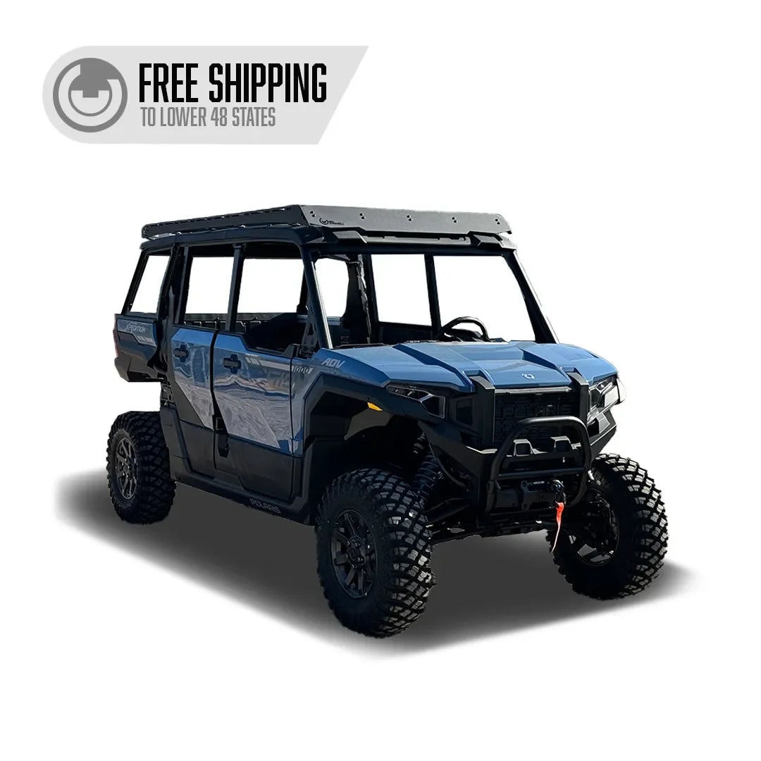 5-seat off-road utility vehicle with rugged tires, front bumper, and roof, ideal for adventure
