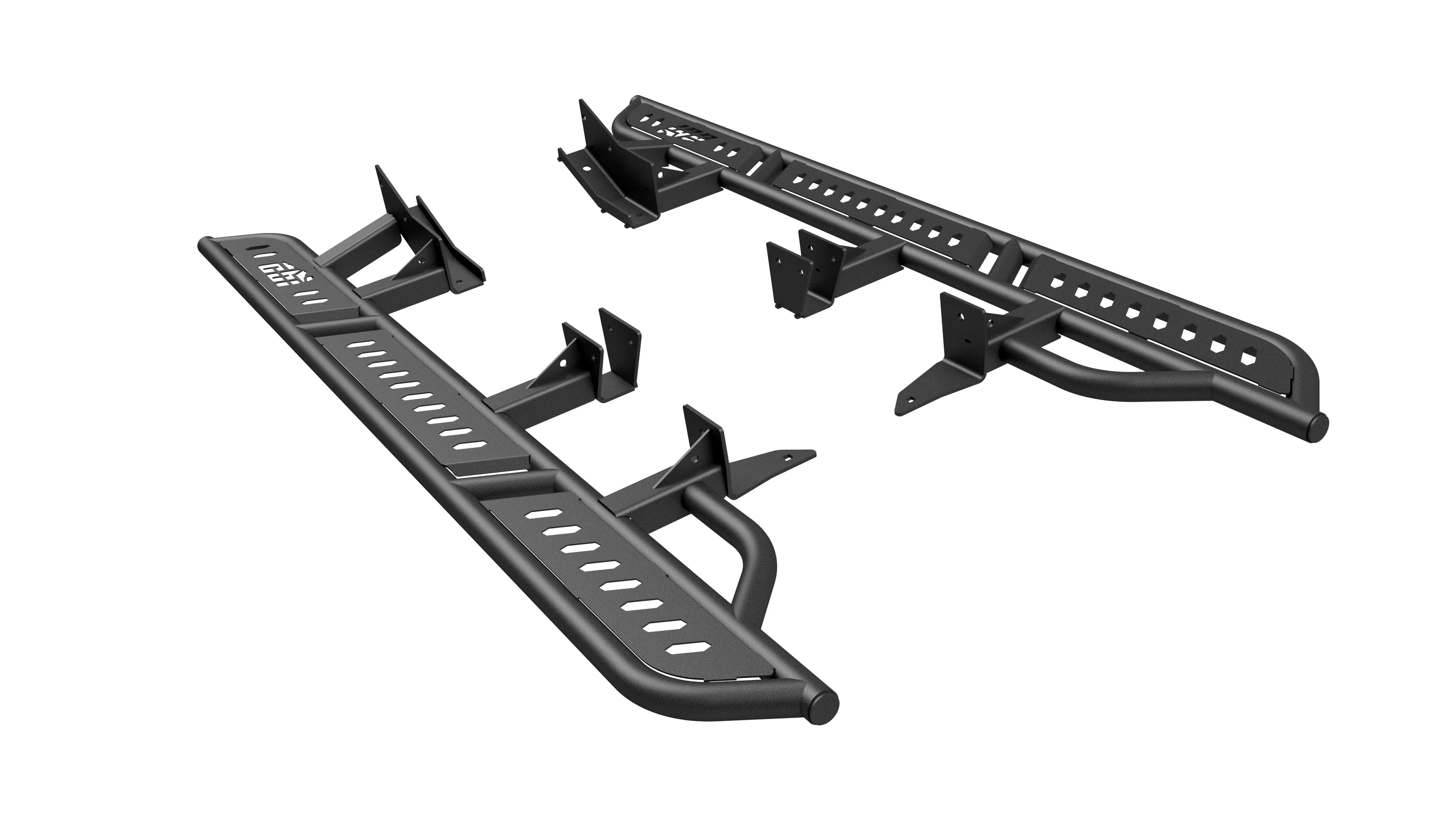 Angled view of heavy-duty black steel rock sliders for off-road vehicle protection.