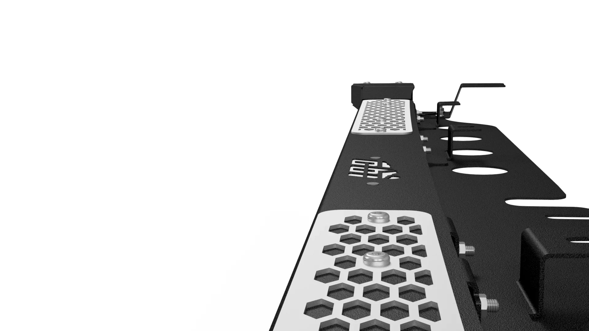 Heavy-duty modular roof rack crossbar with hexagonal cutouts for overlanding vehicles