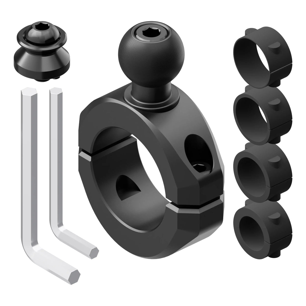 Tackform BC3 bar clamp for 7/8" to 1-1/4" bars, black, with a 20mm ball and dovetail