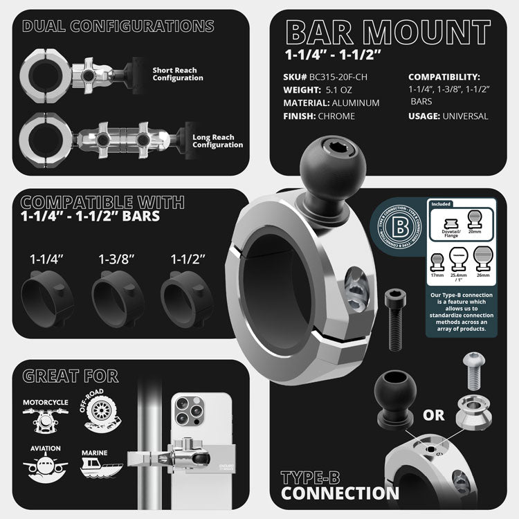 Tackform BC3 bar clamp for 1-1/4" to 1-1/2" bars, chrome, with a 20mm ball and dovetail
