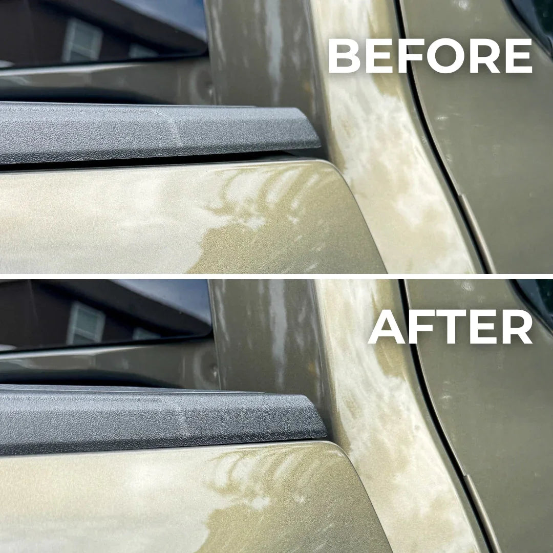 Before and after comparison of bed cap gap eliminator installed on a pickup truck.