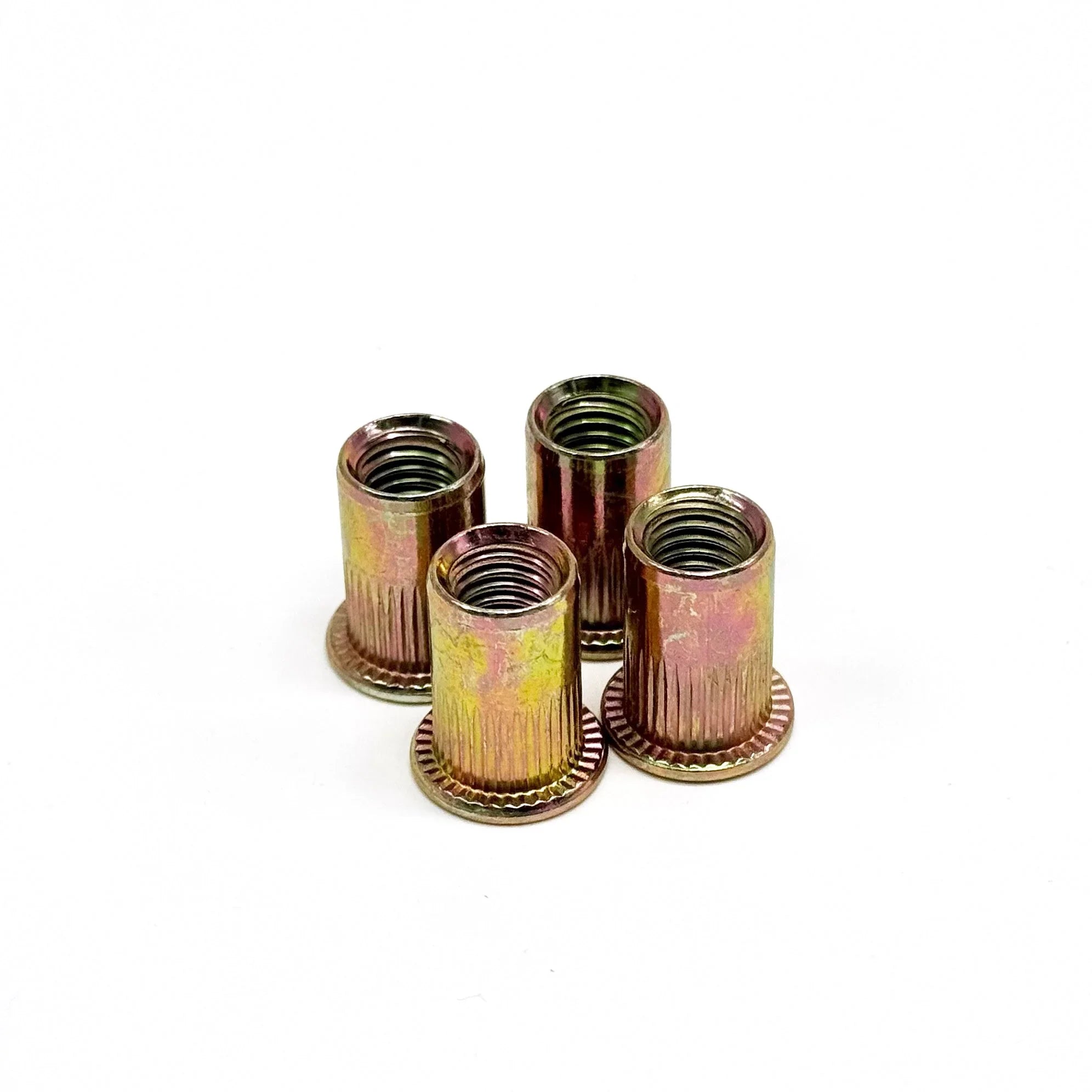 Four zinc-plated steel rivet nuts for off-road vehicle mounting and overland accessories