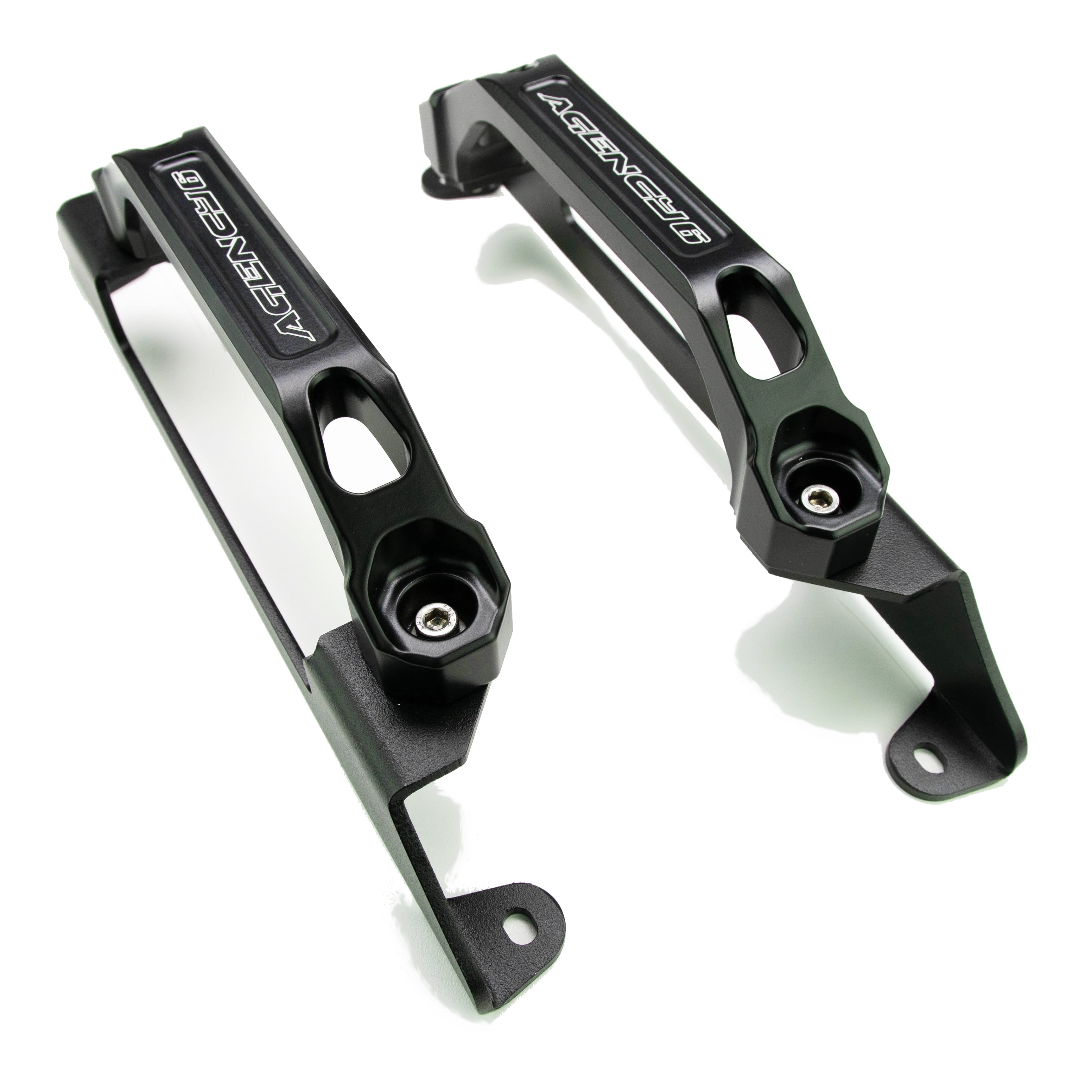 Black billet aluminum vehicle mounting brackets for overlanding and off-road accessories