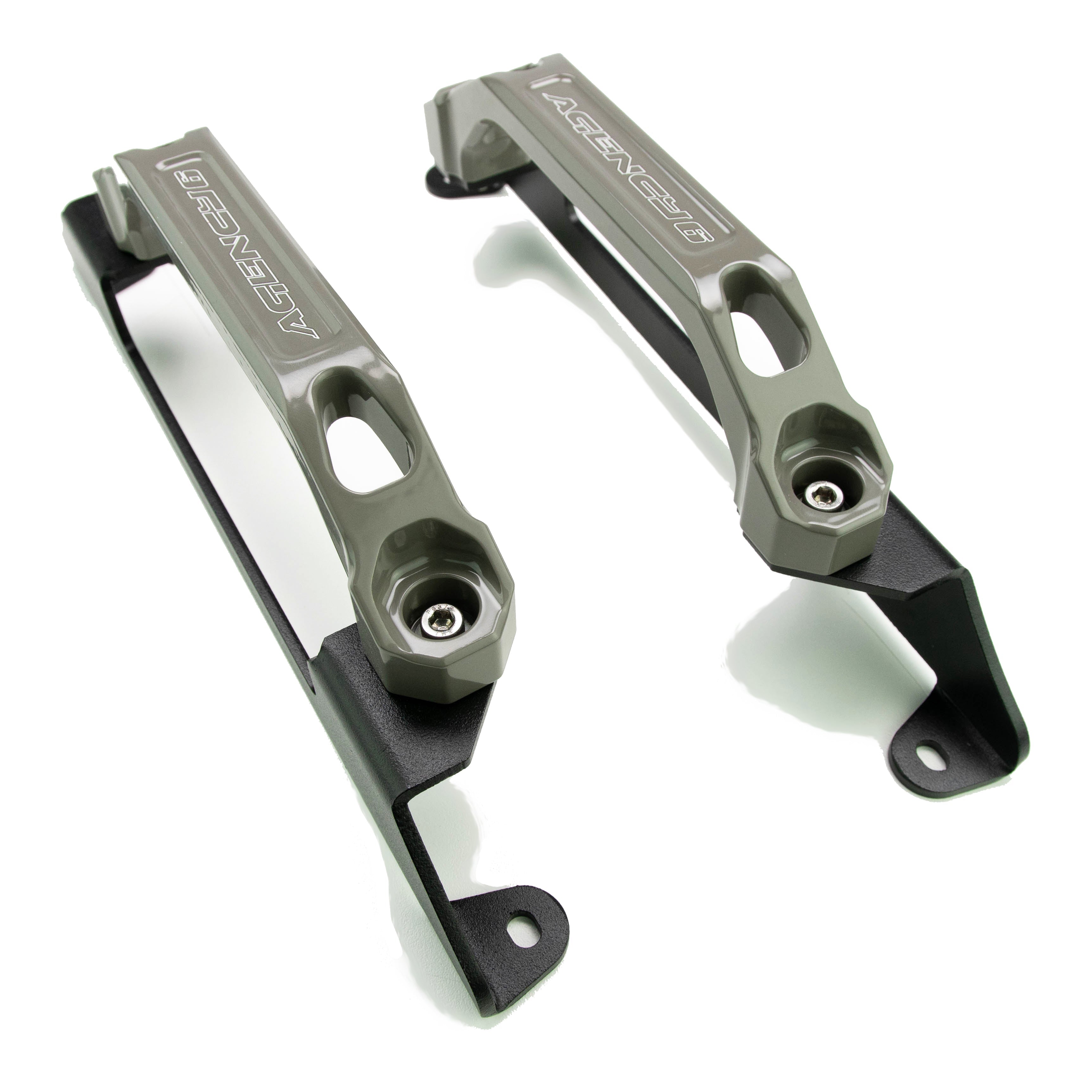 Pair of earth grey billet aluminum vehicle accessory mounting brackets on white background
