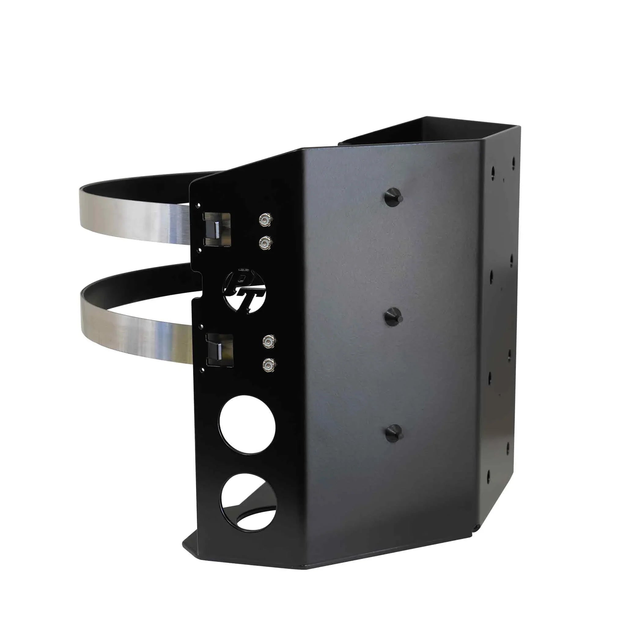 Heavy-duty black metal off-road vehicle bracket with mounting holes and steel straps