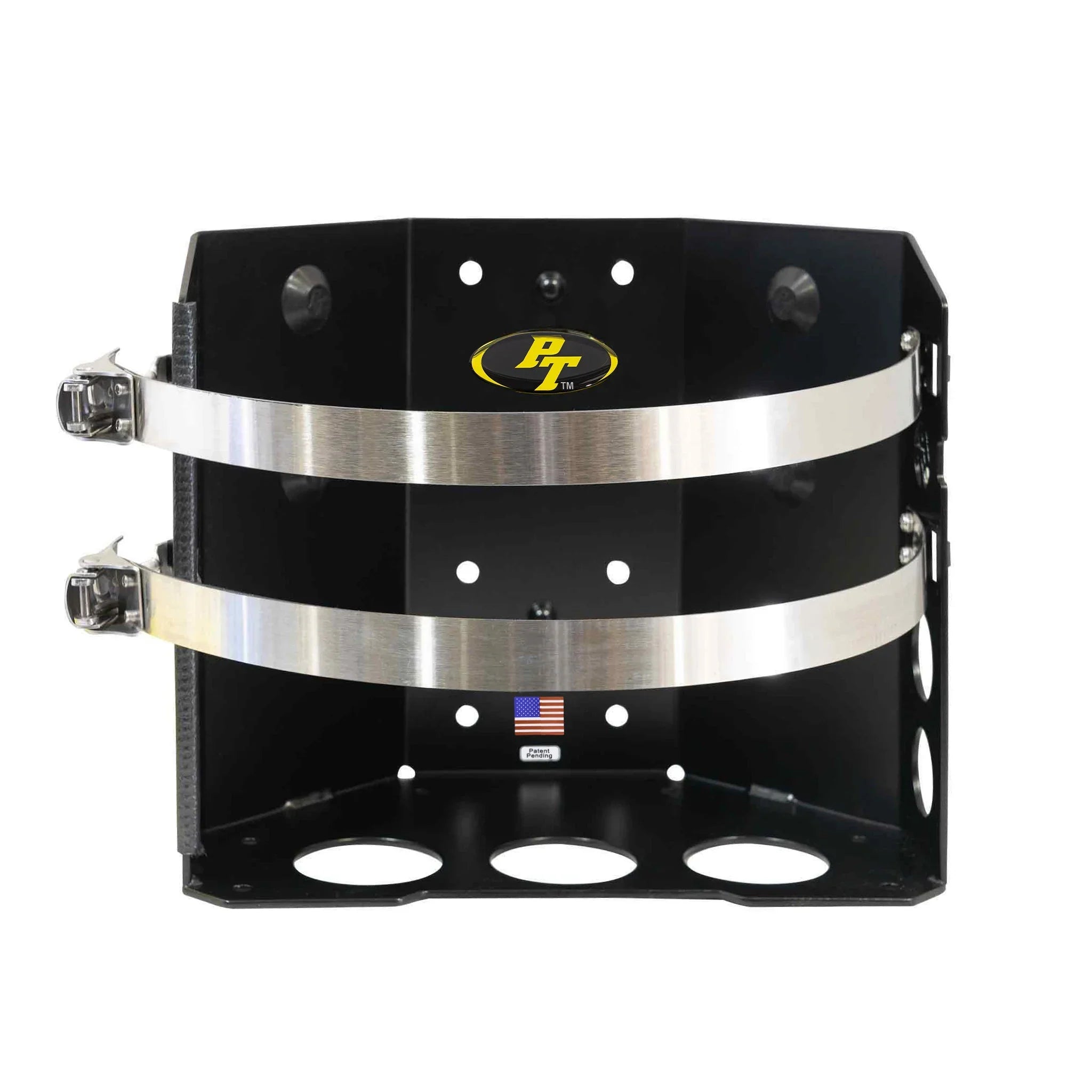 Black metal off-road vehicle bracket with two stainless steel straps and mounting holes