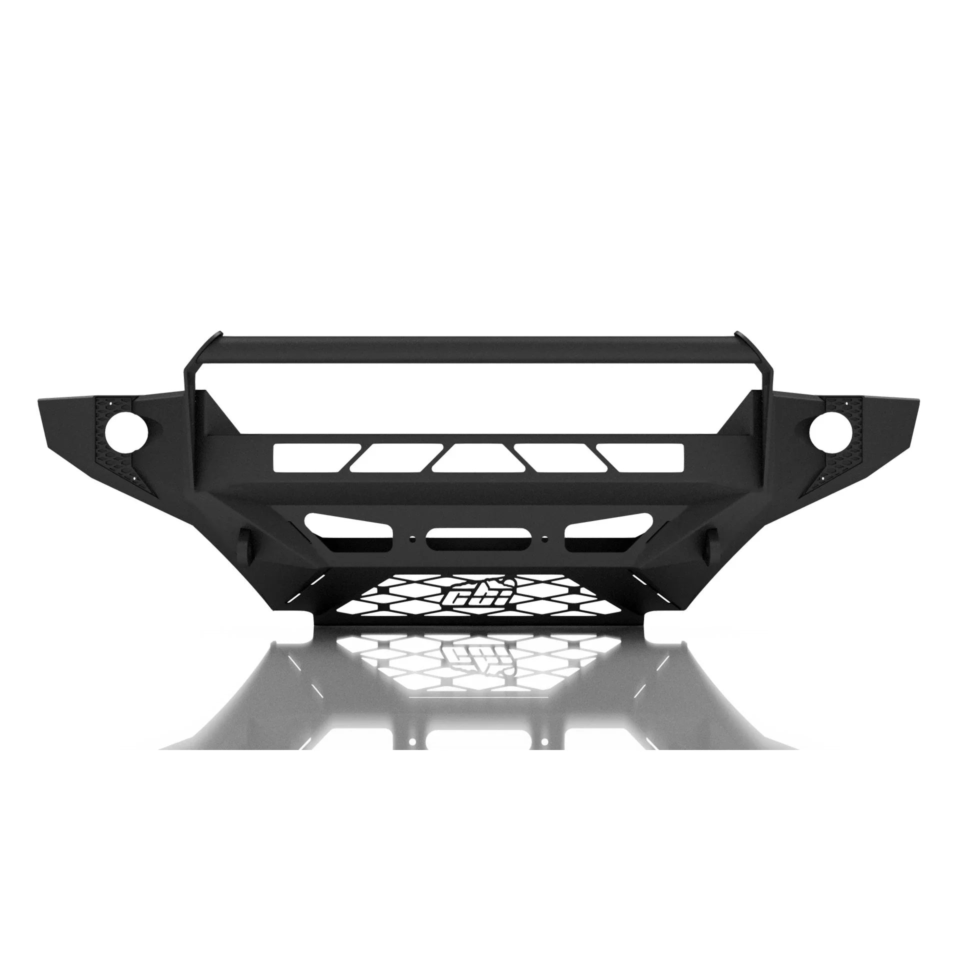 Black steel off-road bumper with grille guard and cutouts for adventure vehicles