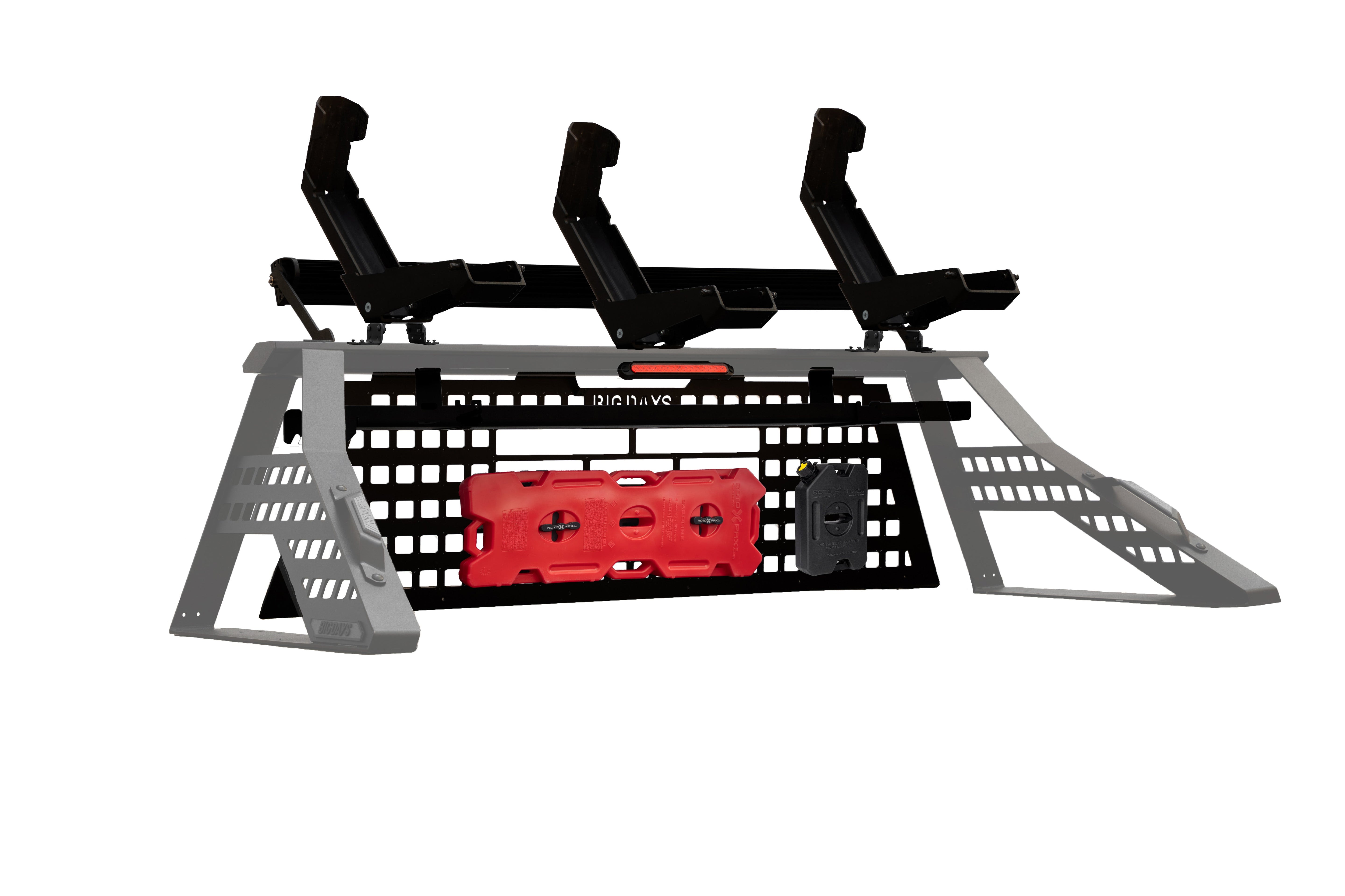 Big Days Pro Build chase rack with three moto mounts, ramp, fuel and water cans, and 40-inch light bar on a truck bed