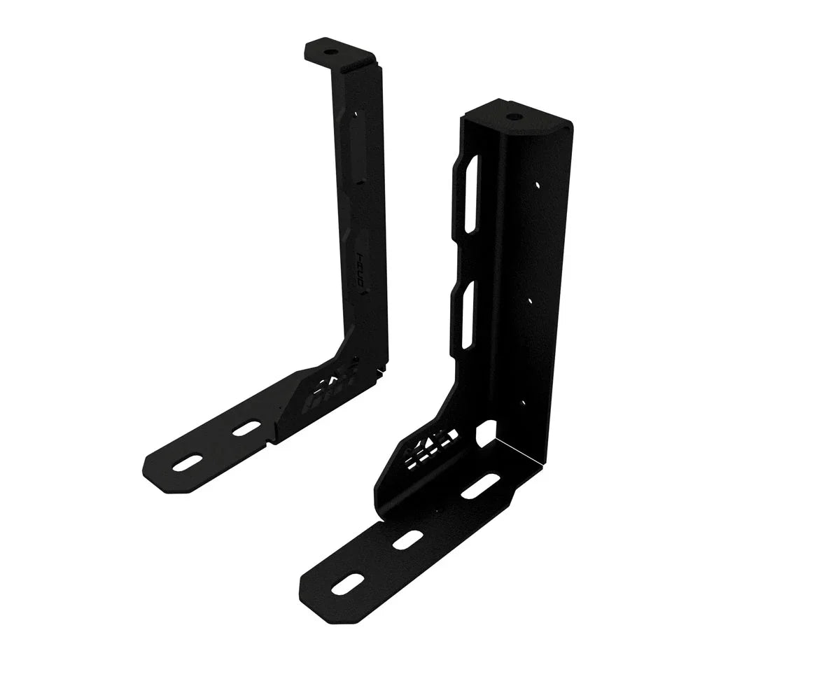 Black steel bed rack mounting brackets for truck overlanding and expedition gear