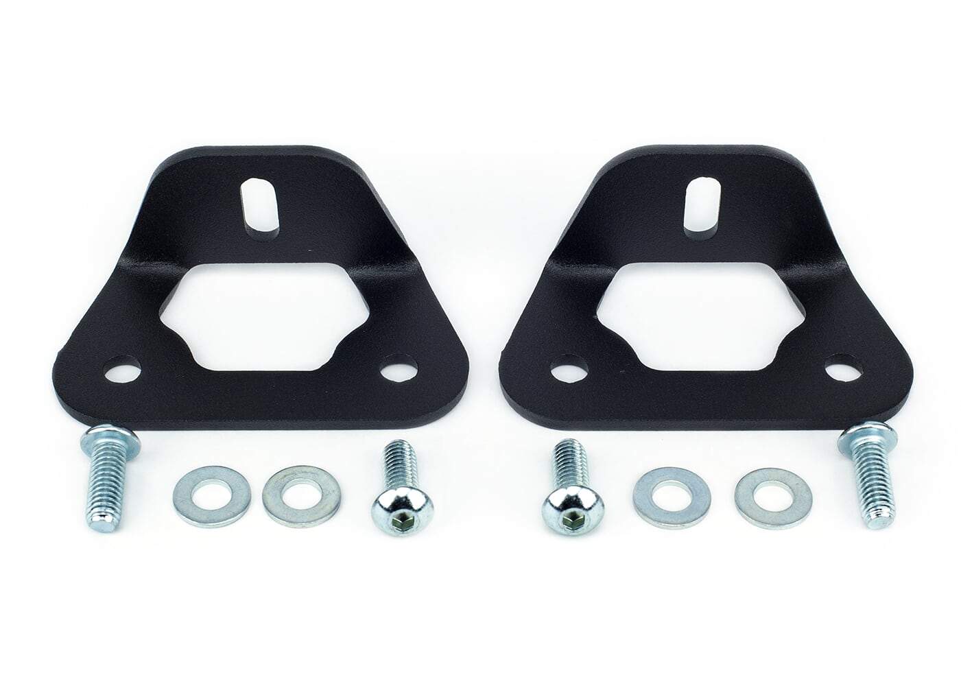 Pair of black metal bed rail brackets with screws and washers for truck accessory mounting