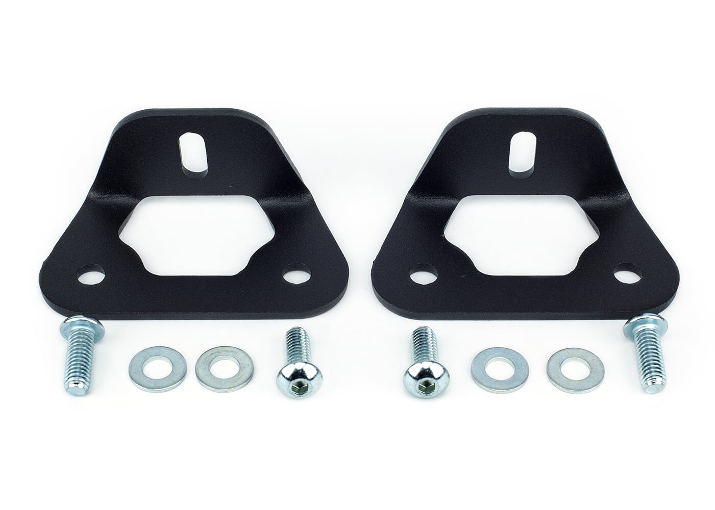 Pair of black steel bed rail brackets with screws and washers, for vehicle accessory mounting