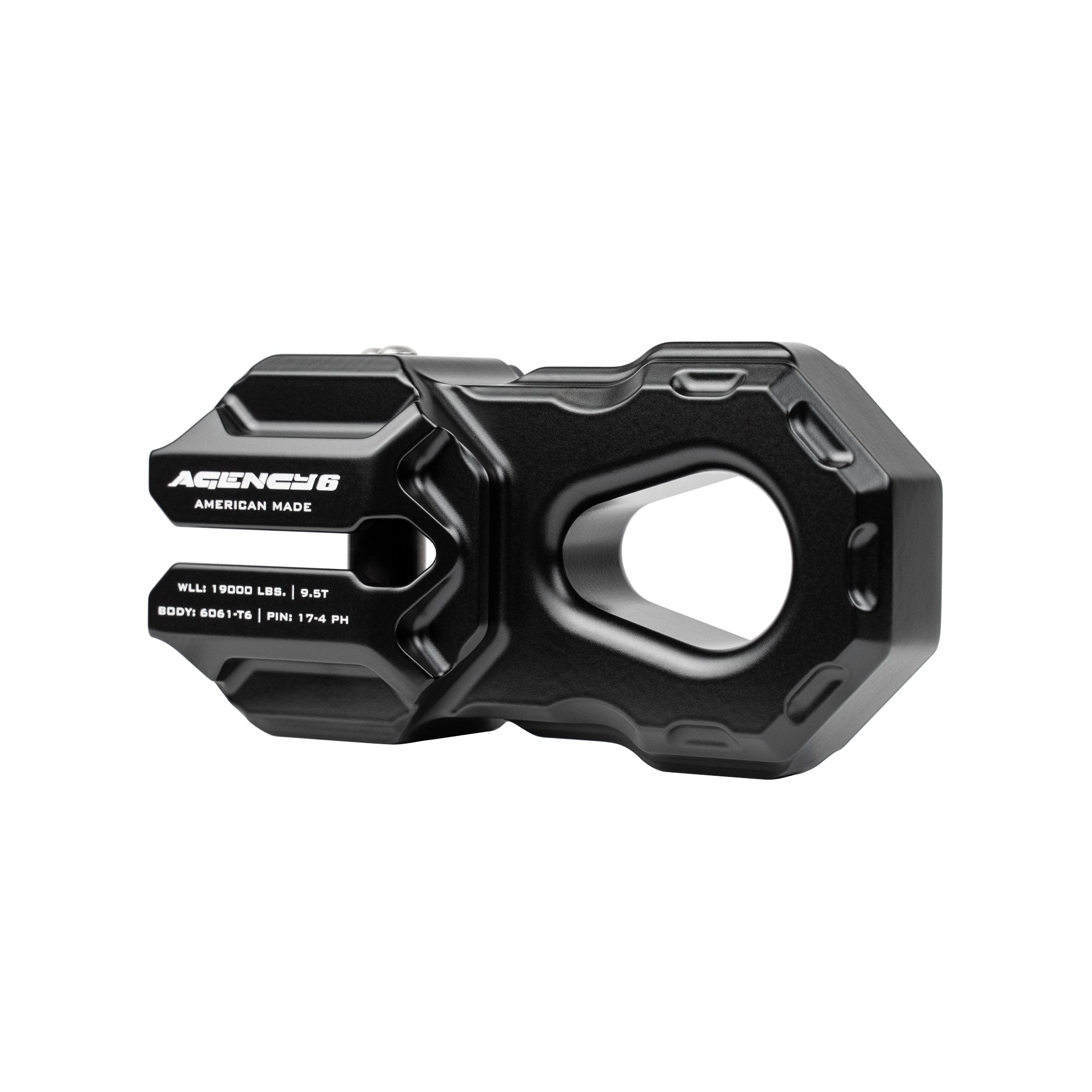 Black billet aluminum winch shackle with Agency 6 branding for off-road recovery