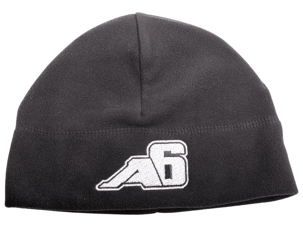 Black fleece beanie with white A6 logo, outdoor adventure winter hat