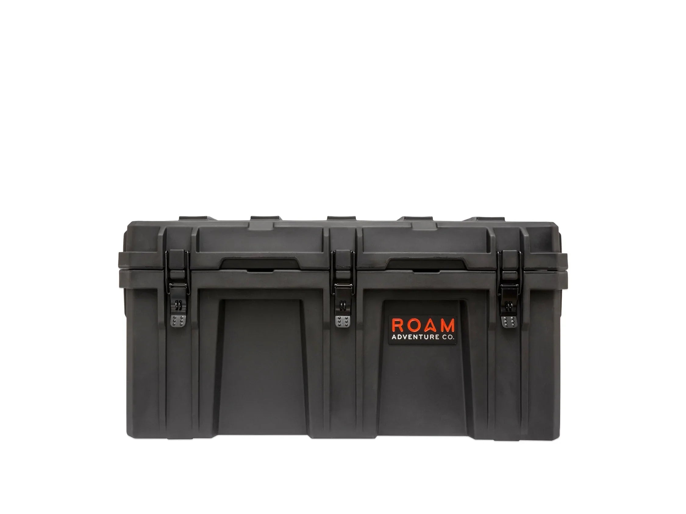 Black heavy-duty storage case with secure latches for overlanding and camping gear