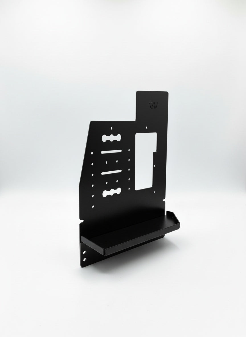 Black steel vehicle gear mounting panel with shelf for overlanding and off-road accessories