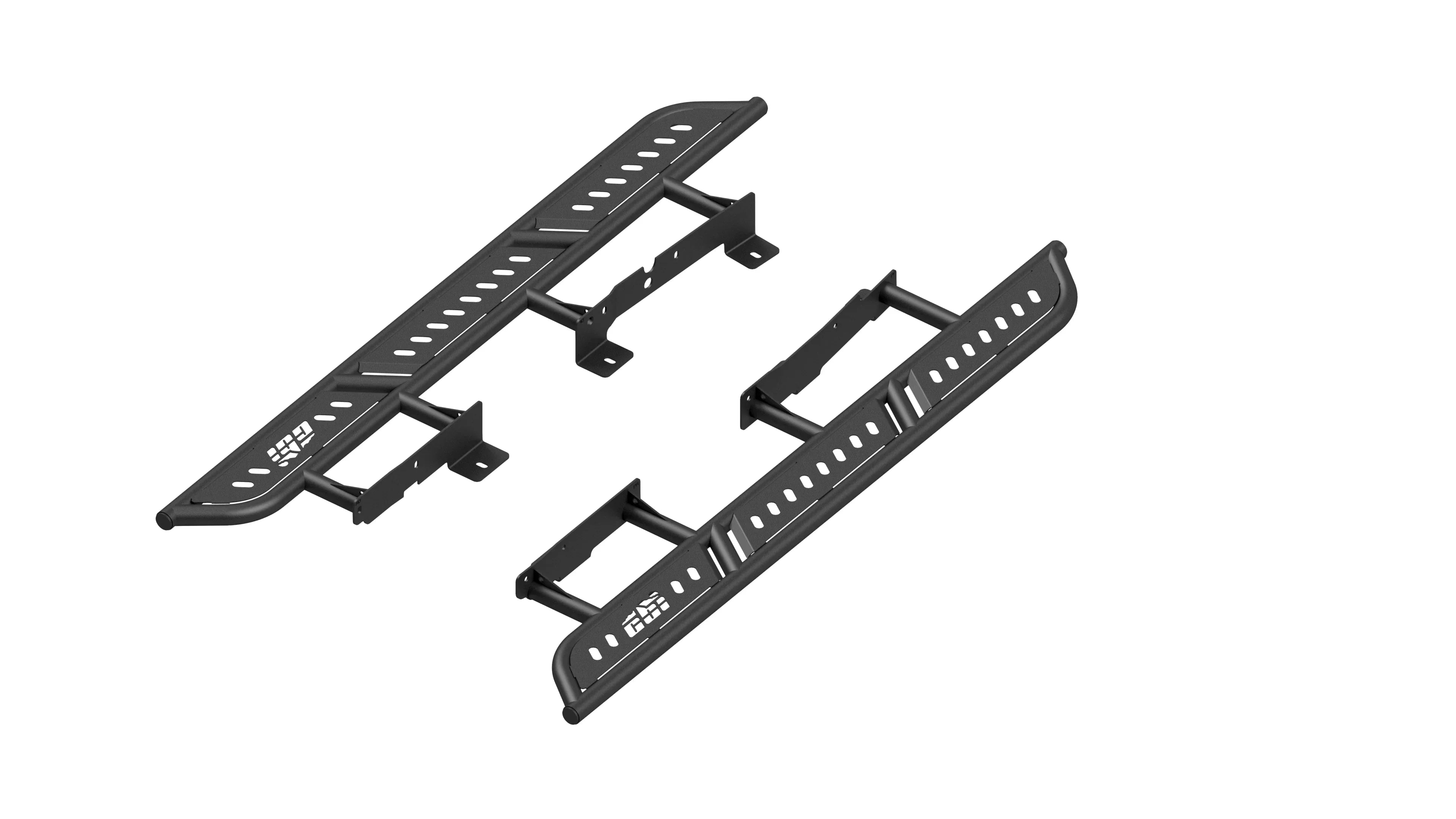 Black steel off-road side steps with mounting brackets for Ford Bronco, angled view