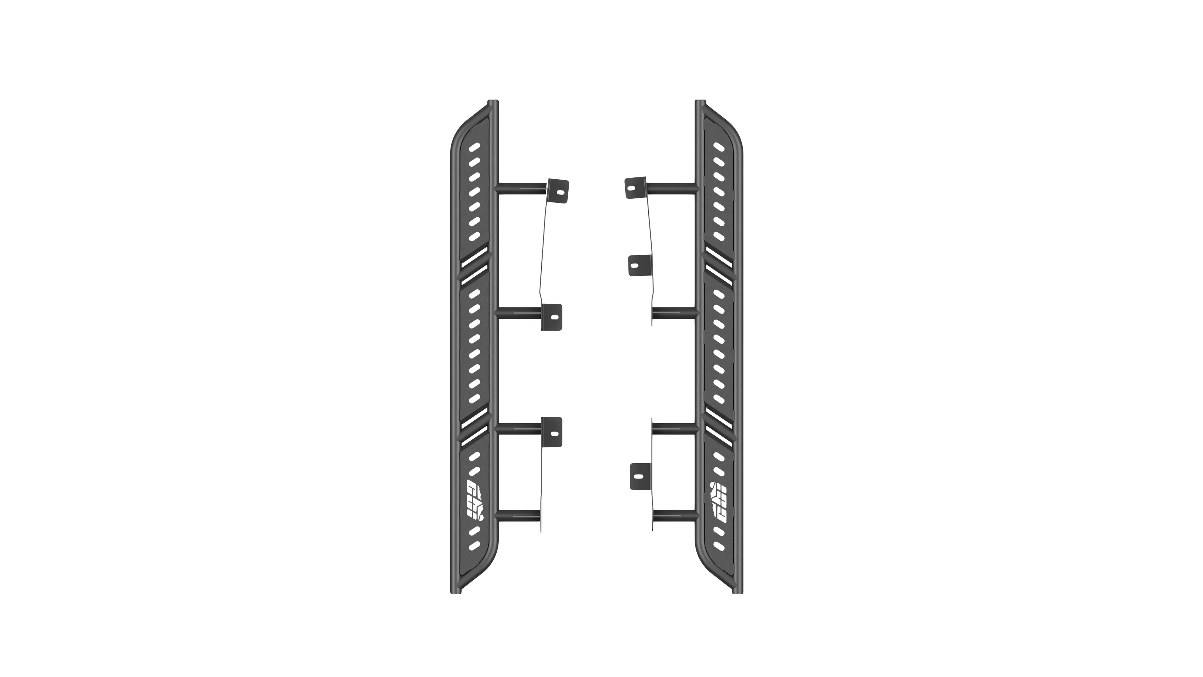 Ford Bronco flat top view of black off-road rock sliders with top plates and mounting brackets