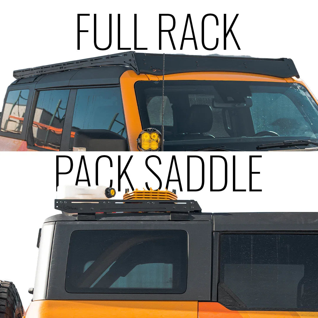 Ford Bronco roof rack comparison showing full rack and pack saddle options for overlanding