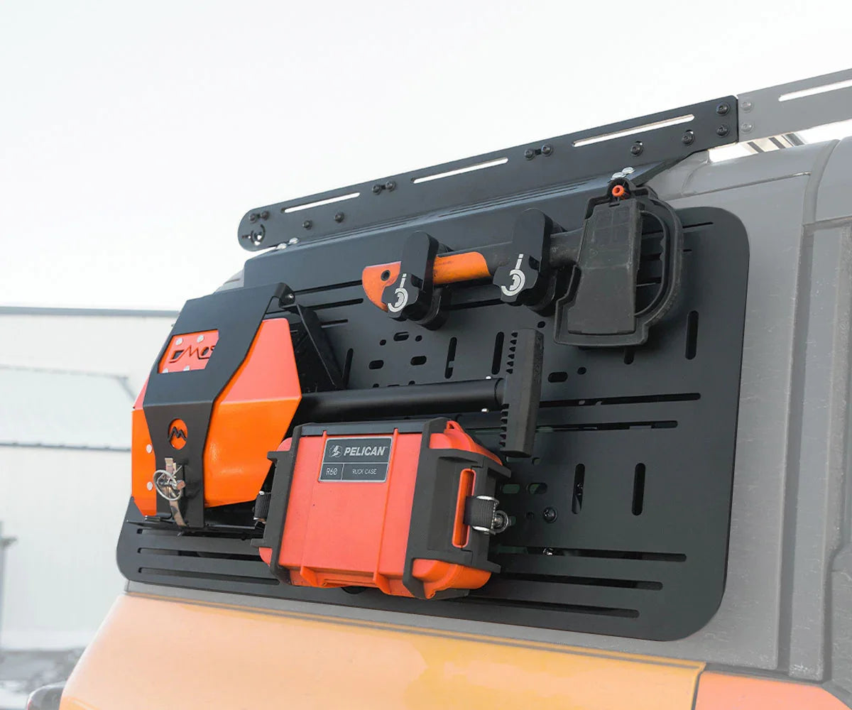 Ford Bronco rear MOLLE panel with mounted overlanding accessories and gear cases