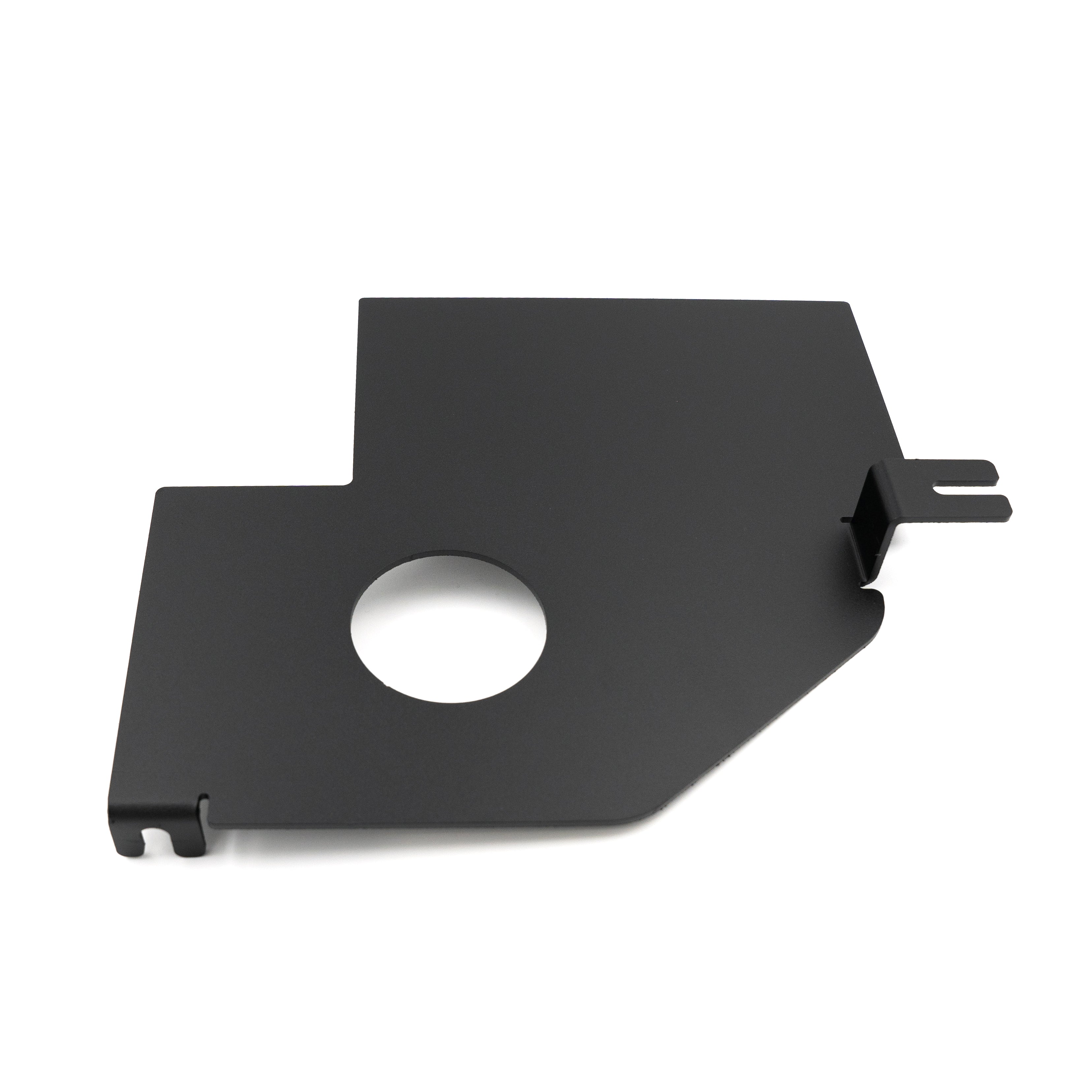 Black powder-coated engine bay panel with circular cutout for Toyota or Jeep vehicle accessories